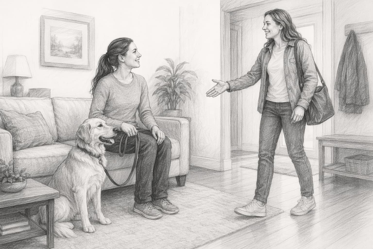 Dog sitting calmly as stranger approaches in living room