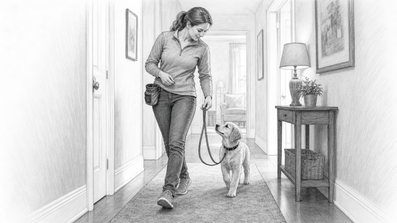 Owner practicing loose-leash walking with puppy in hallway