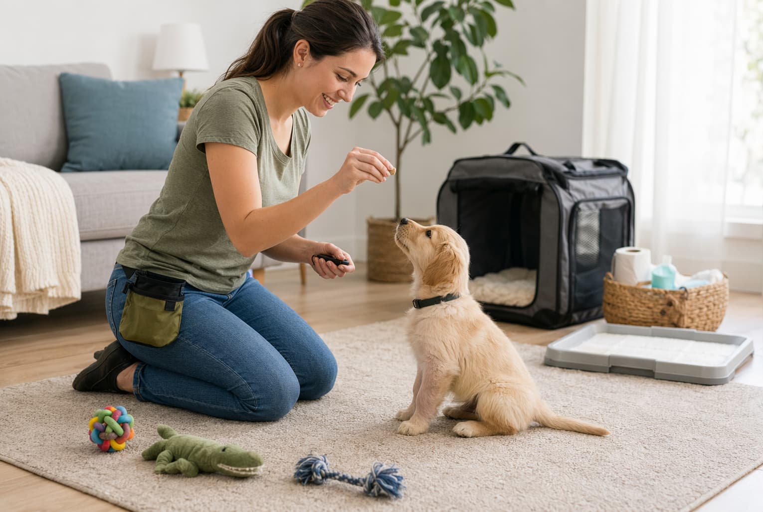 Puppy receiving positive reinforcement in bright living room