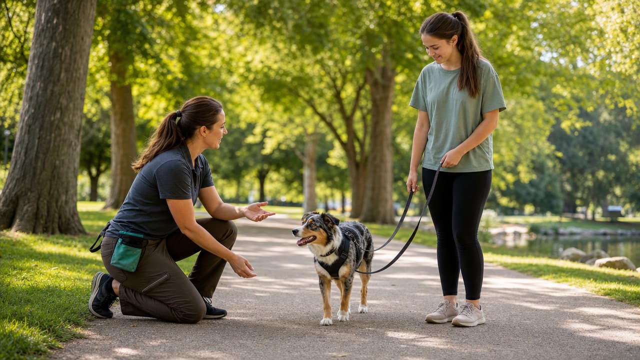Trainer coaching owner and adolescent dog on leash at park