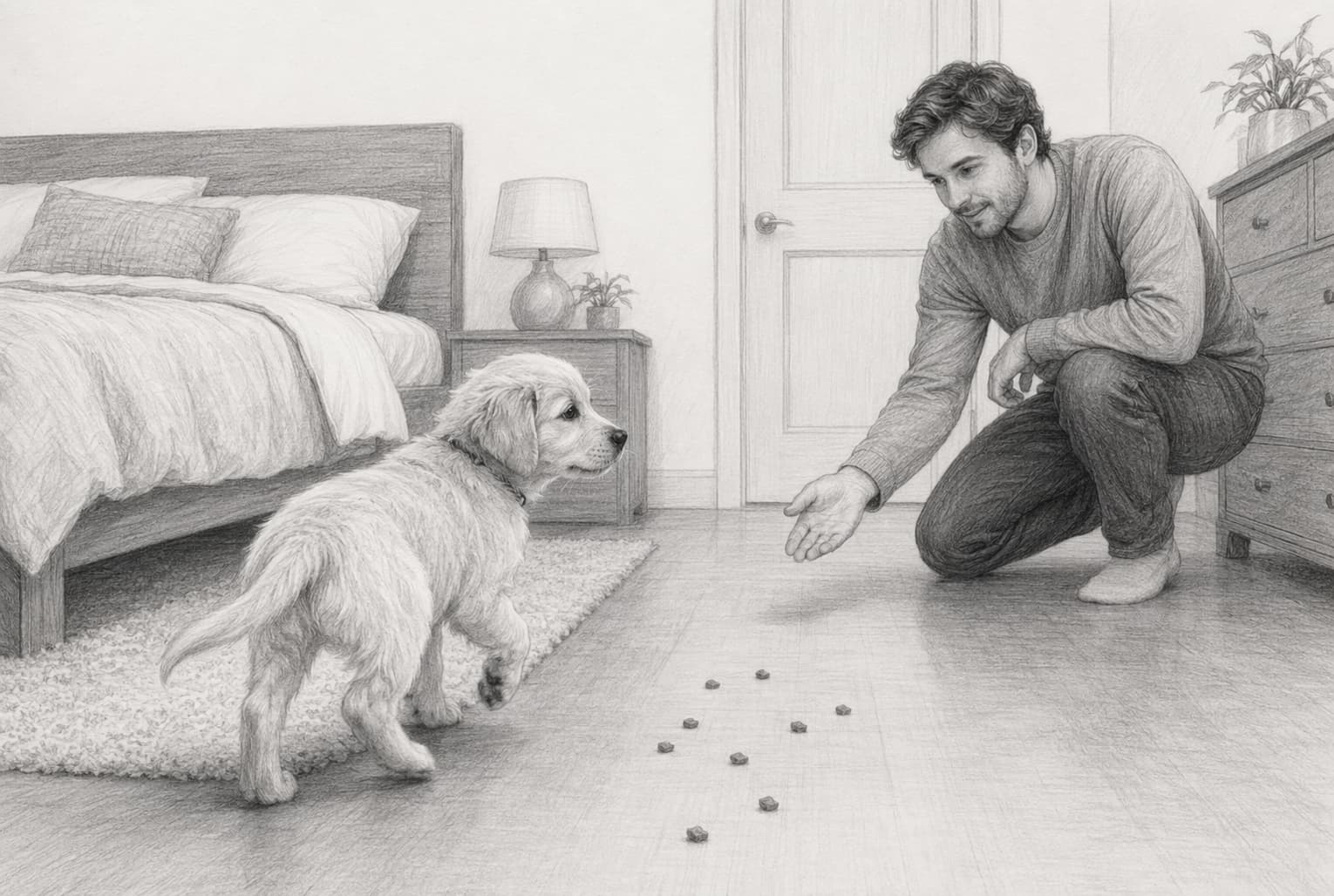 Puppy focusing on owner with scattered treats in quiet bedroom
