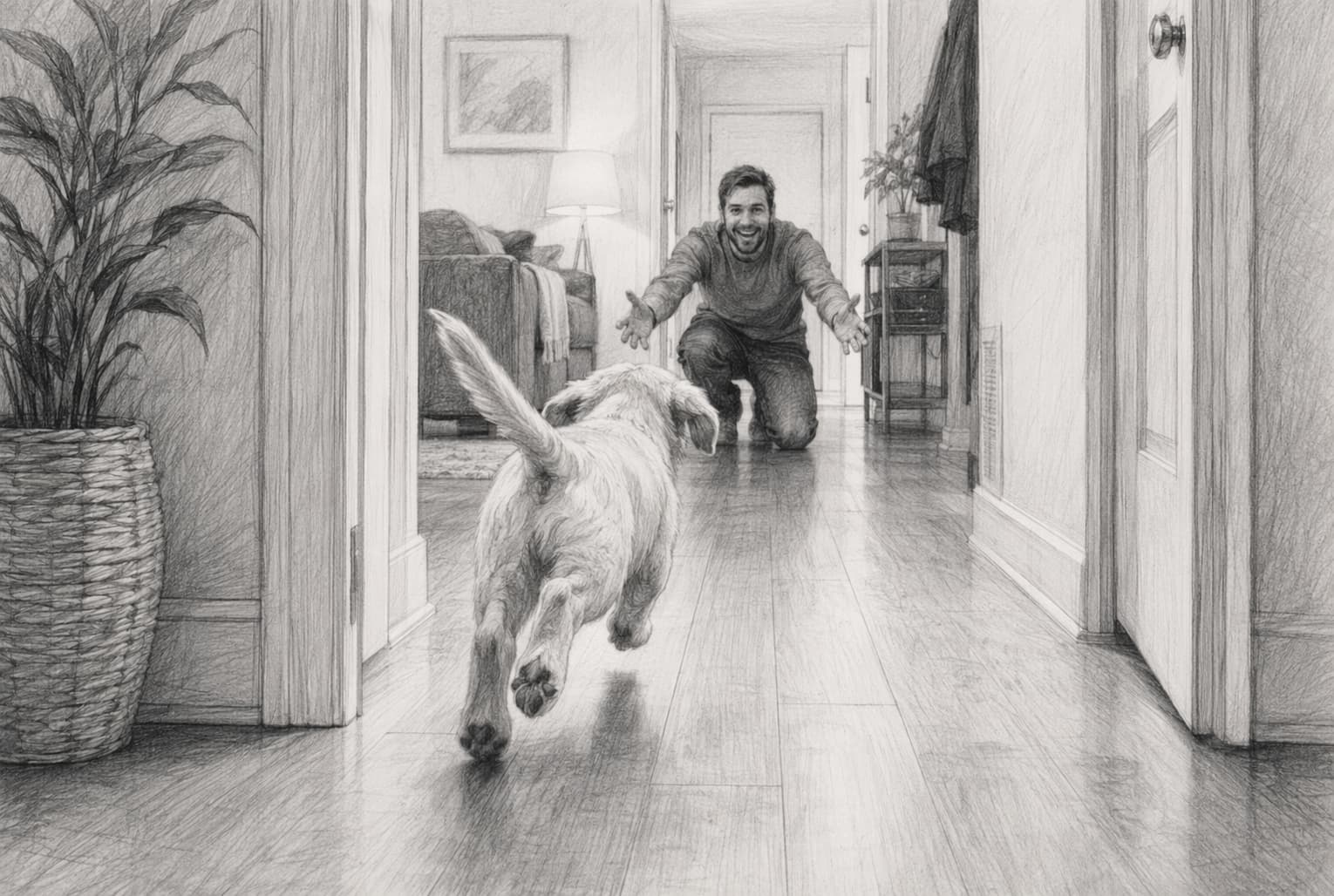 Owner kneeling at hallway end as puppy sprints through doorway