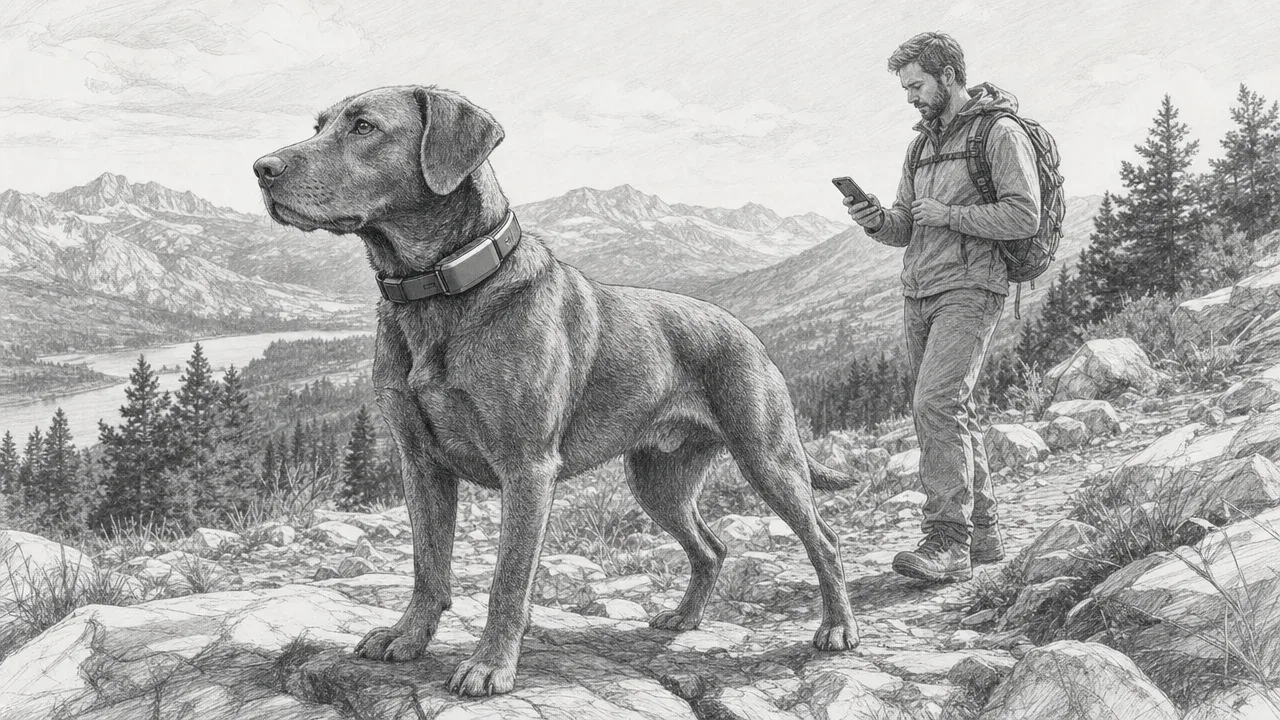 Dog on rocky trail with owner checking tracking app
