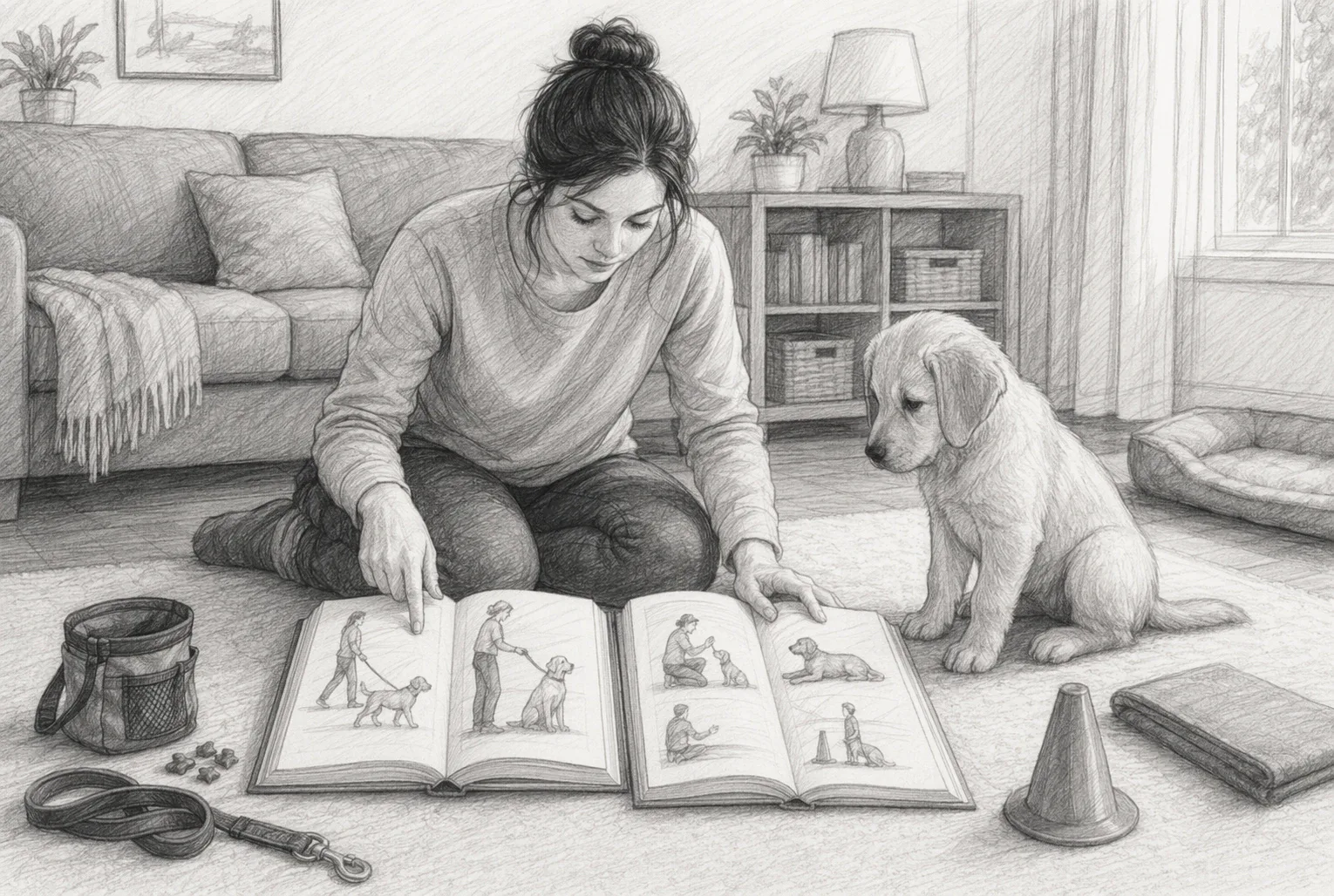 Dog owner comparing two training books beside seated puppy