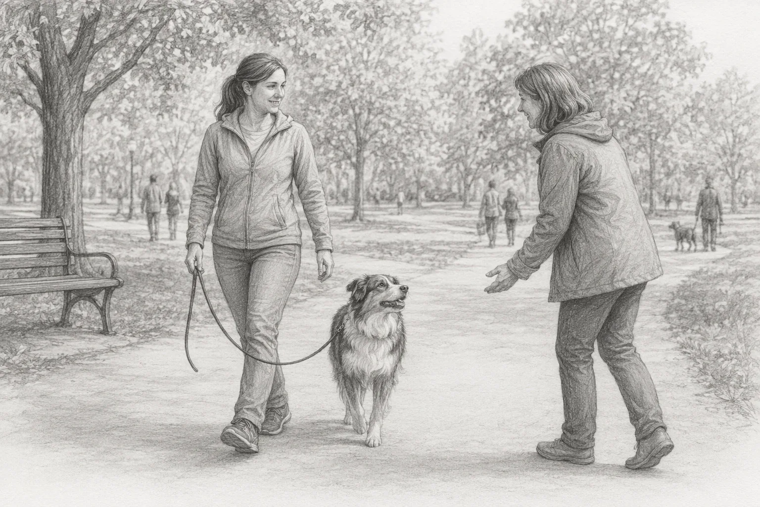 Beginner dog handler practicing polite greeting and loose leash walking