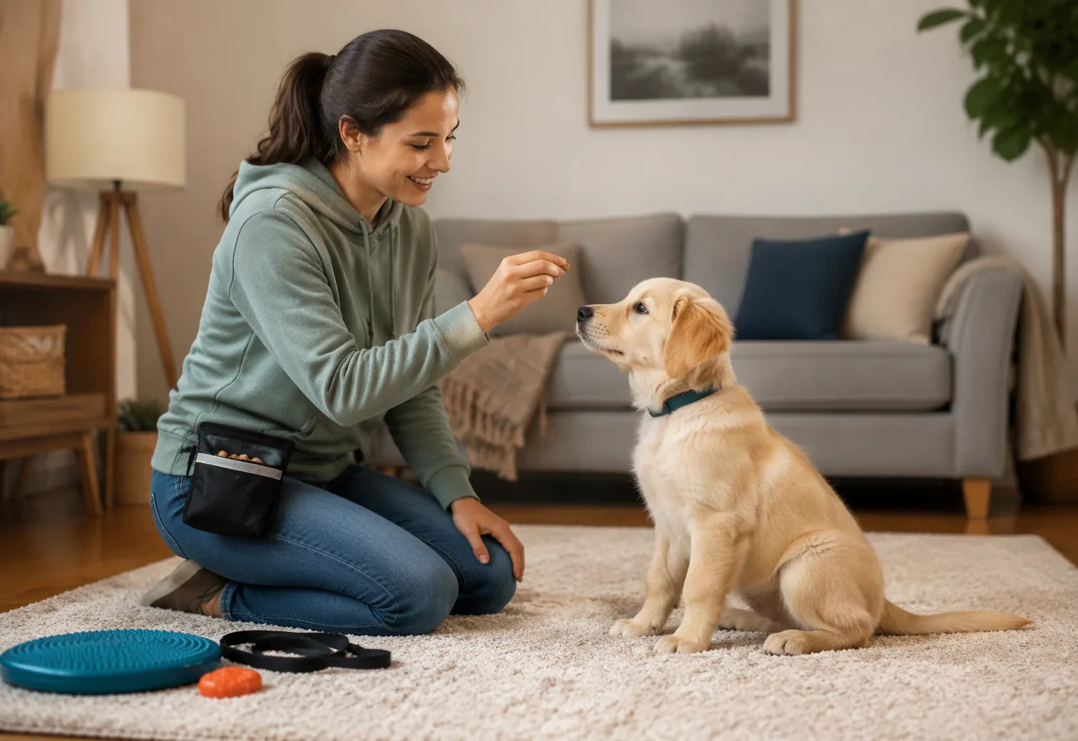 Puppy practicing sit with owner and treat pouch