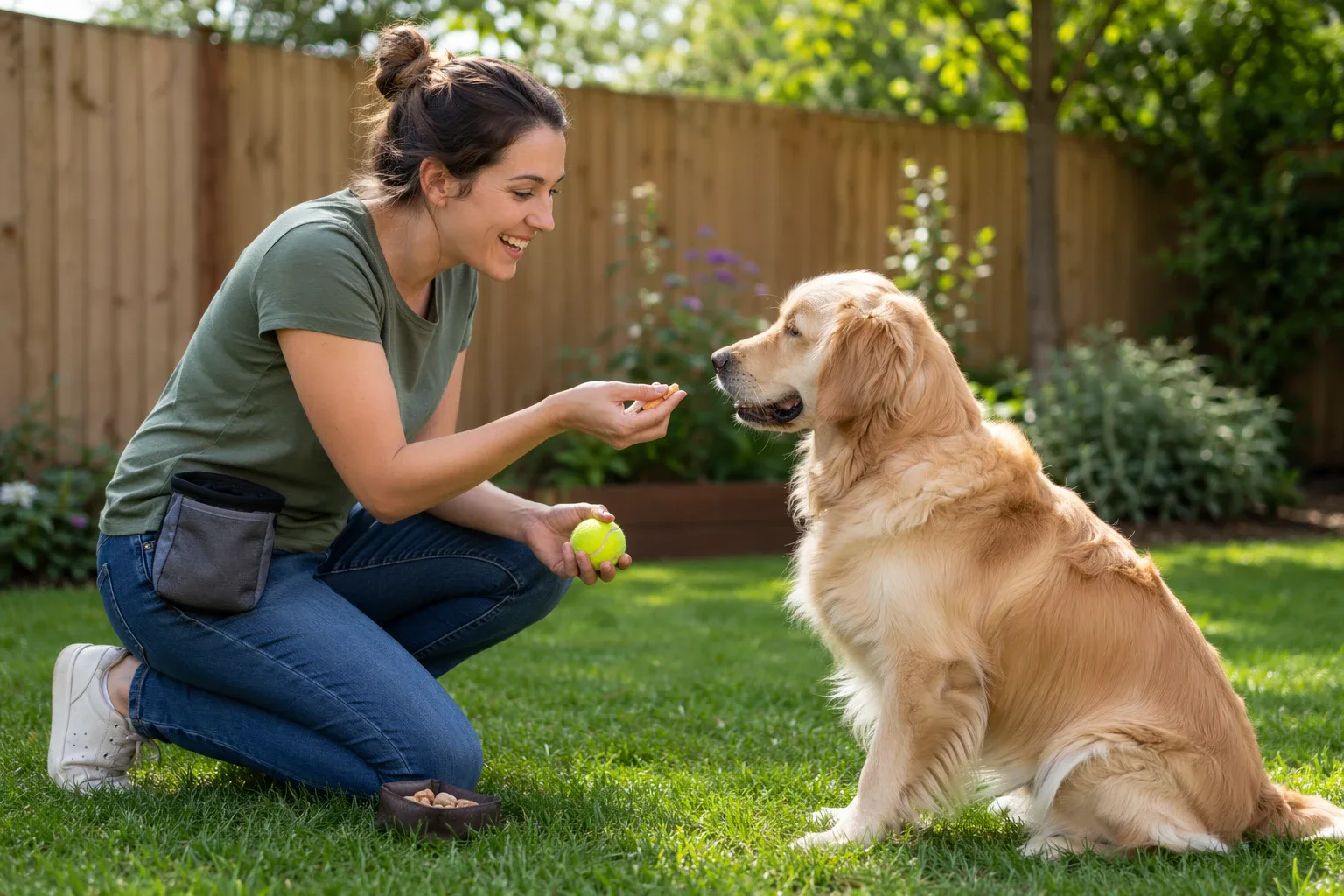 Dog owner offering chicken, tennis ball, and praise during backyard training