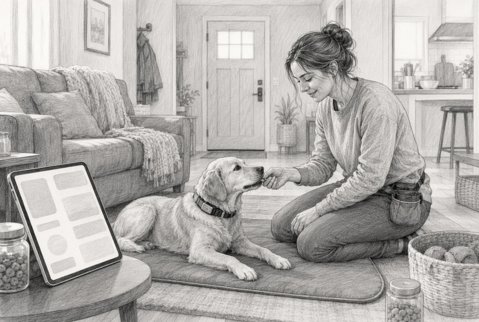 Owner rewarding relaxed dog on living room mat