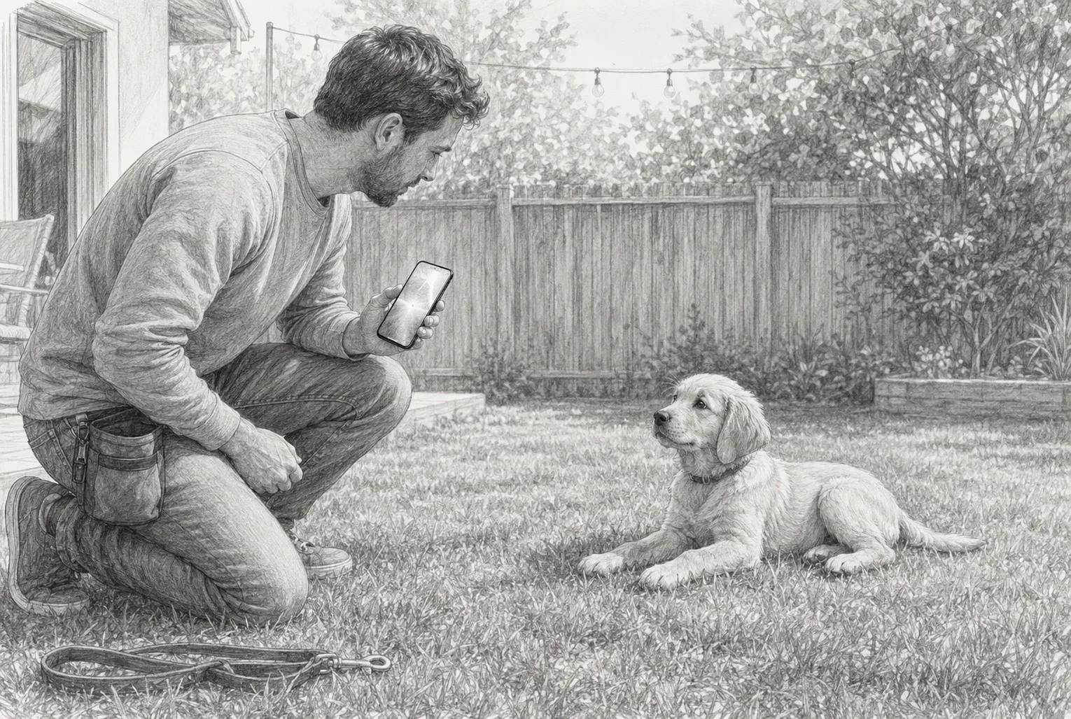 Owner observing puppy with AI emotion recognition app