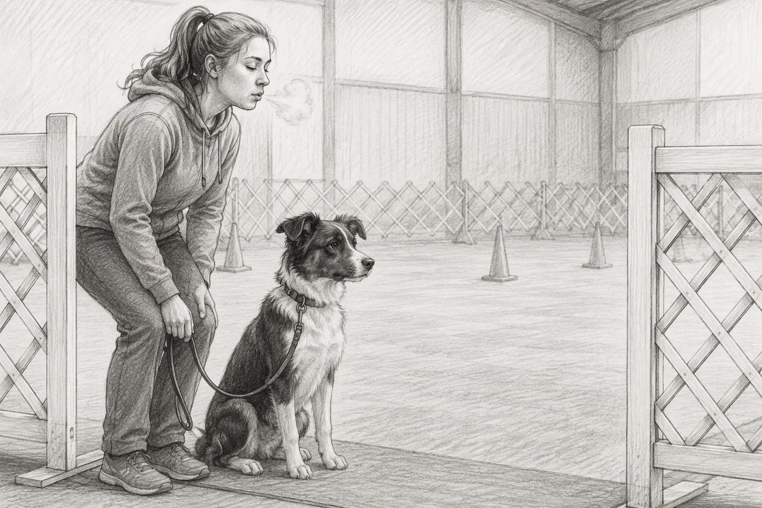 Handler exhaling beside seated dog at test gate