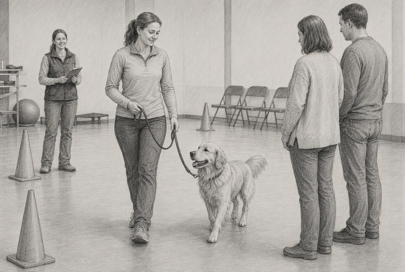 Owner guiding calm dog past strangers in training