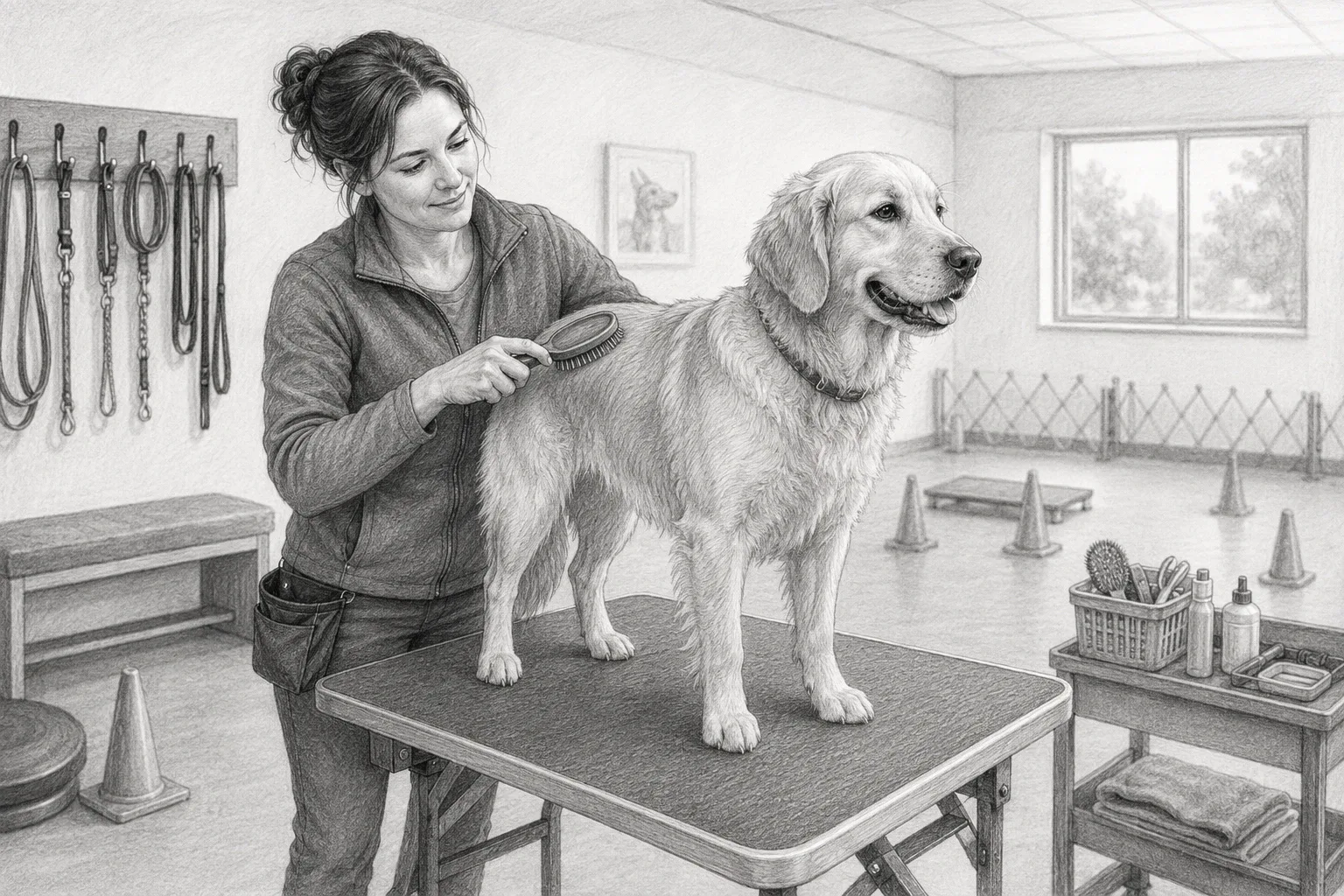 Owner brushing calm dog on exam table