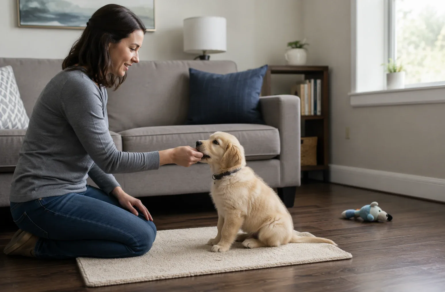 Puppy eye contact reward beside living room mat