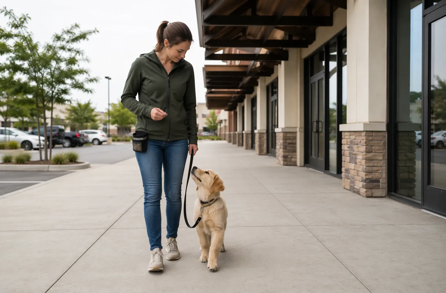 Puppy and owner practicing leash walking on quiet sidewalk
