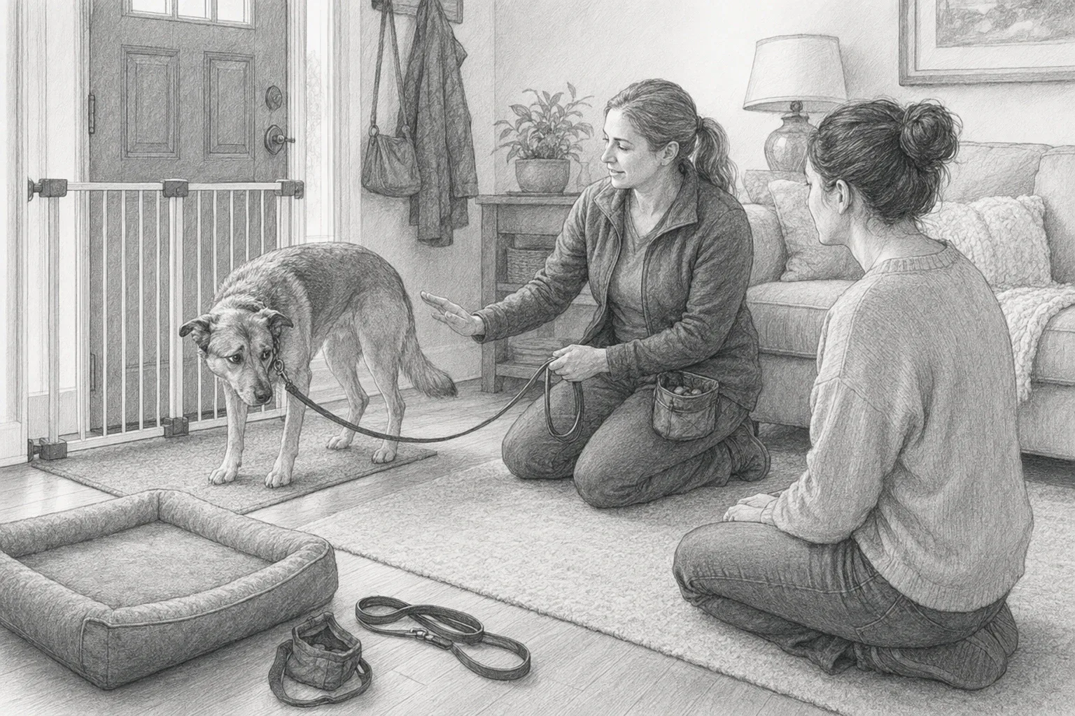 Trainer coaching nervous dog and owner in living room
