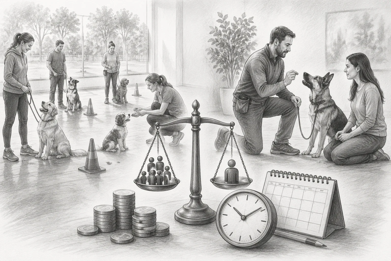 Pencil sketch of a dog training comparison chart