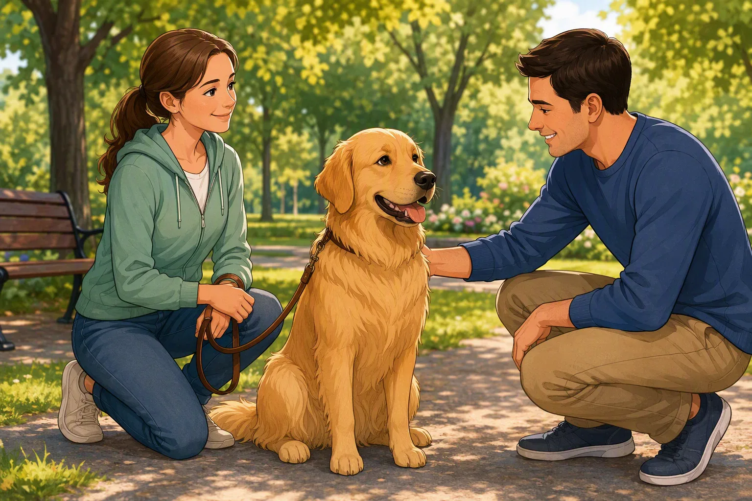 Golden retriever seated calmly as stranger gently pets shoulder