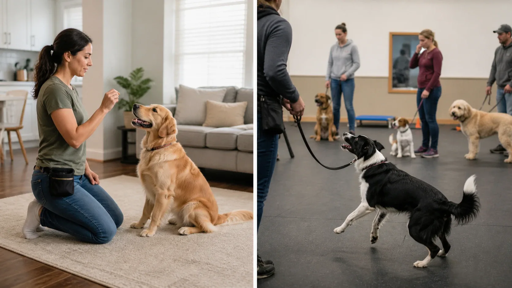 Split scene of private home lesson and group class with distracted dogs