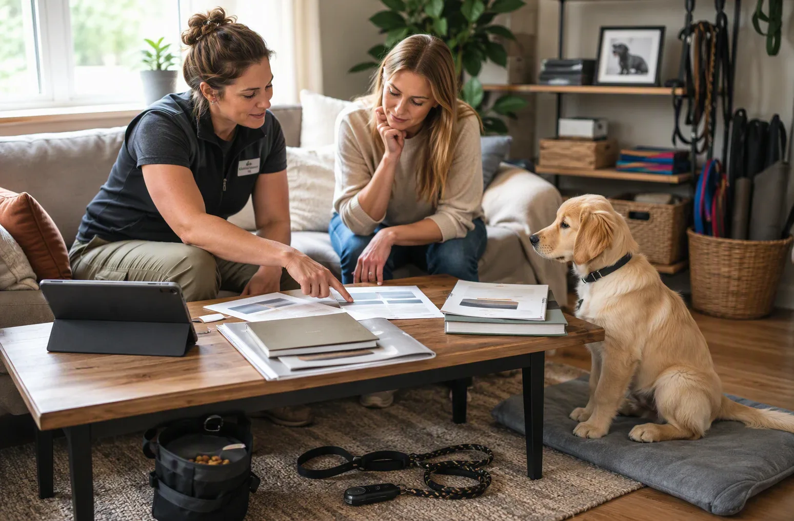 Dog trainer reviewing certification documents with owner and calm puppy