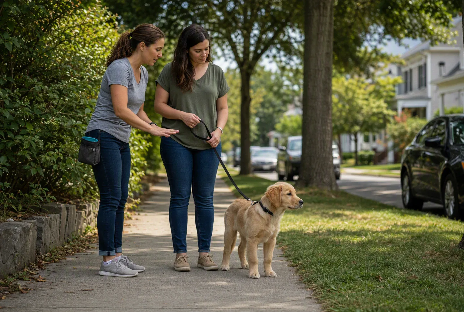 Trainer guiding owner leash handling with distracted puppy