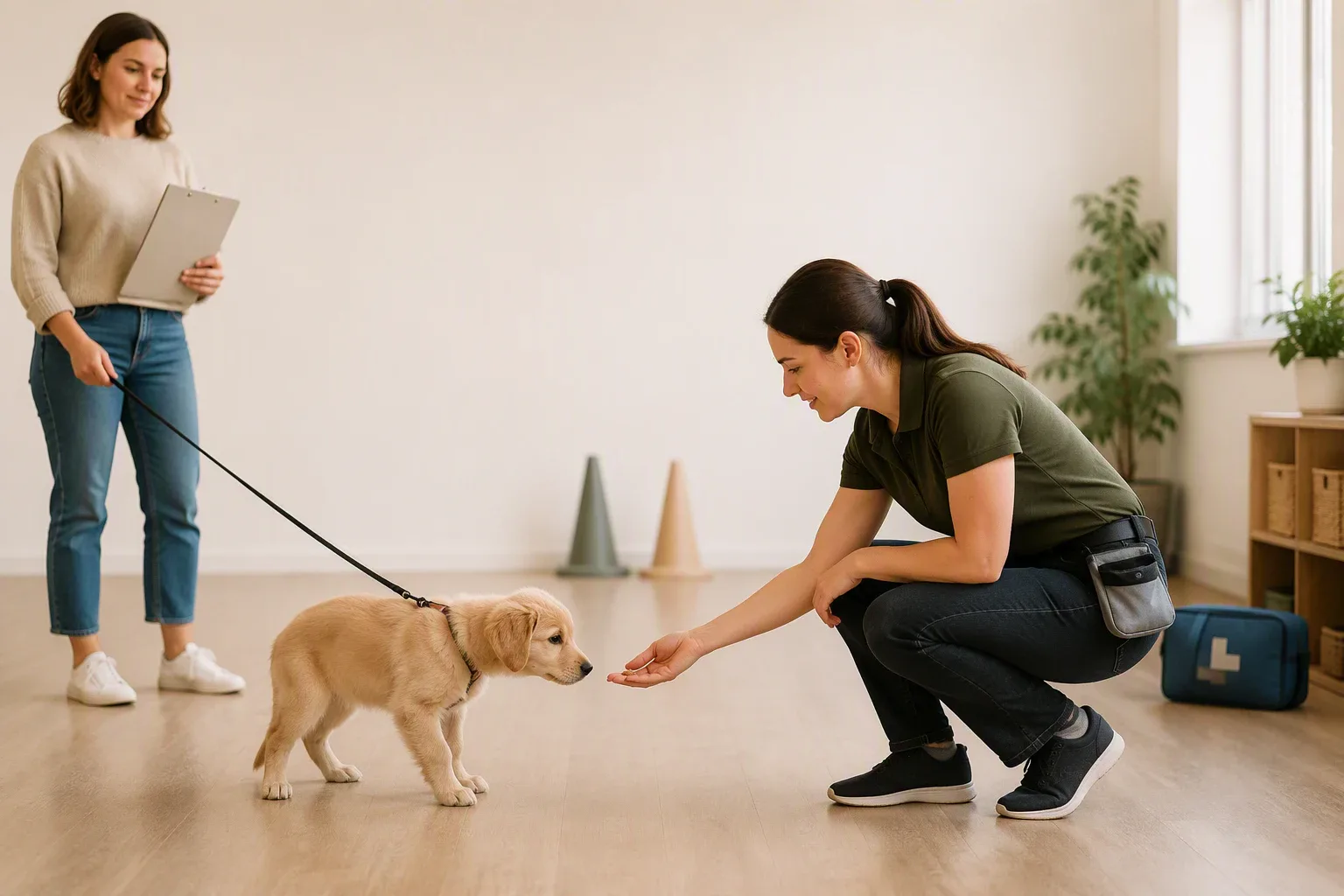 Owner watches trainer reward hesitant puppy in reward-based class