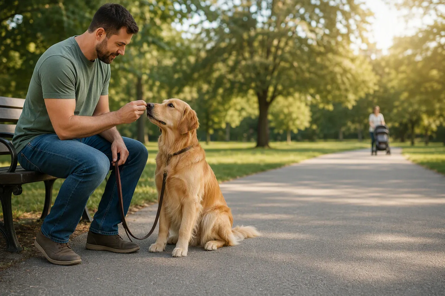 Handler rewards steady focus beside park path