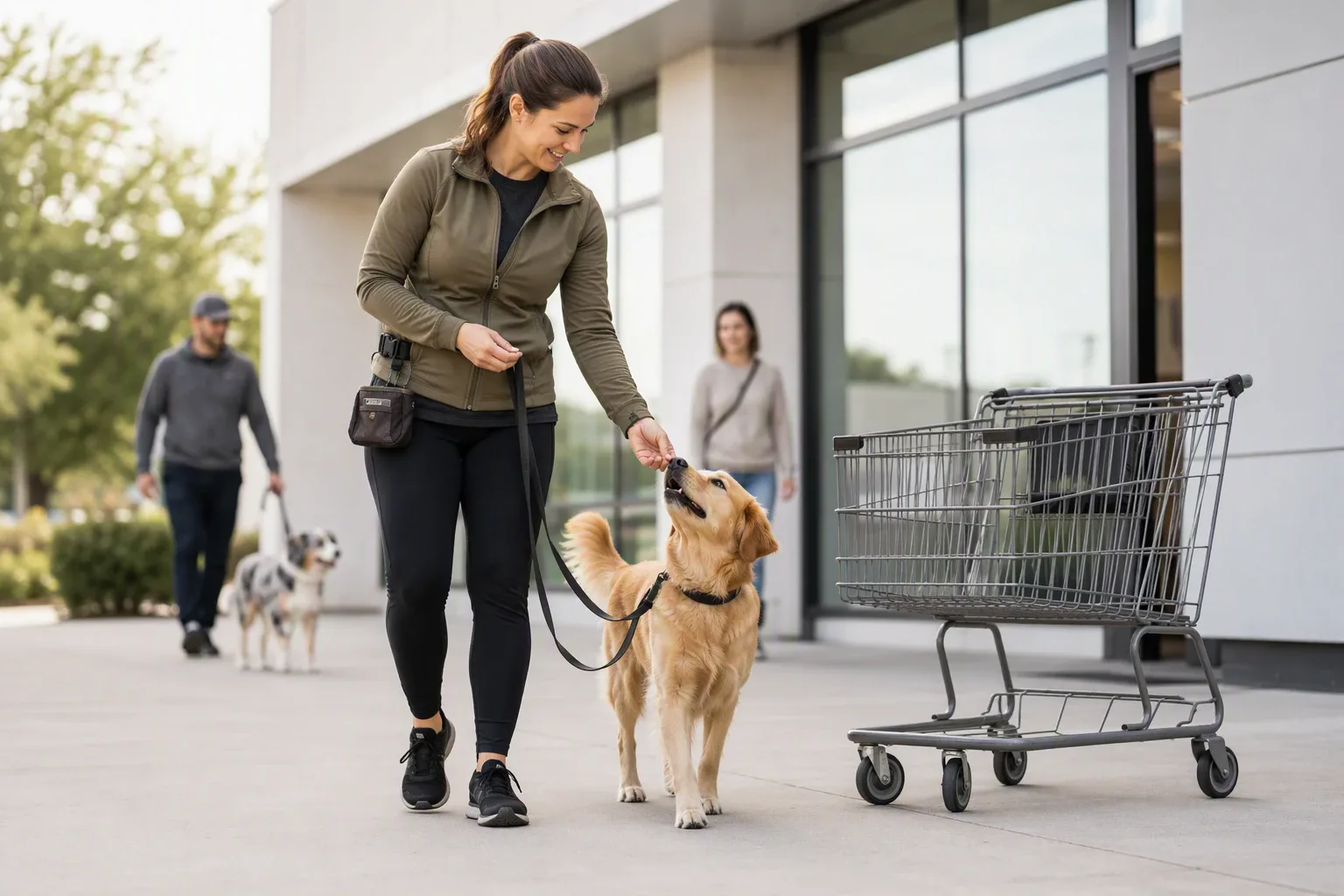Trainer guides CGC dog past carts in urban training session