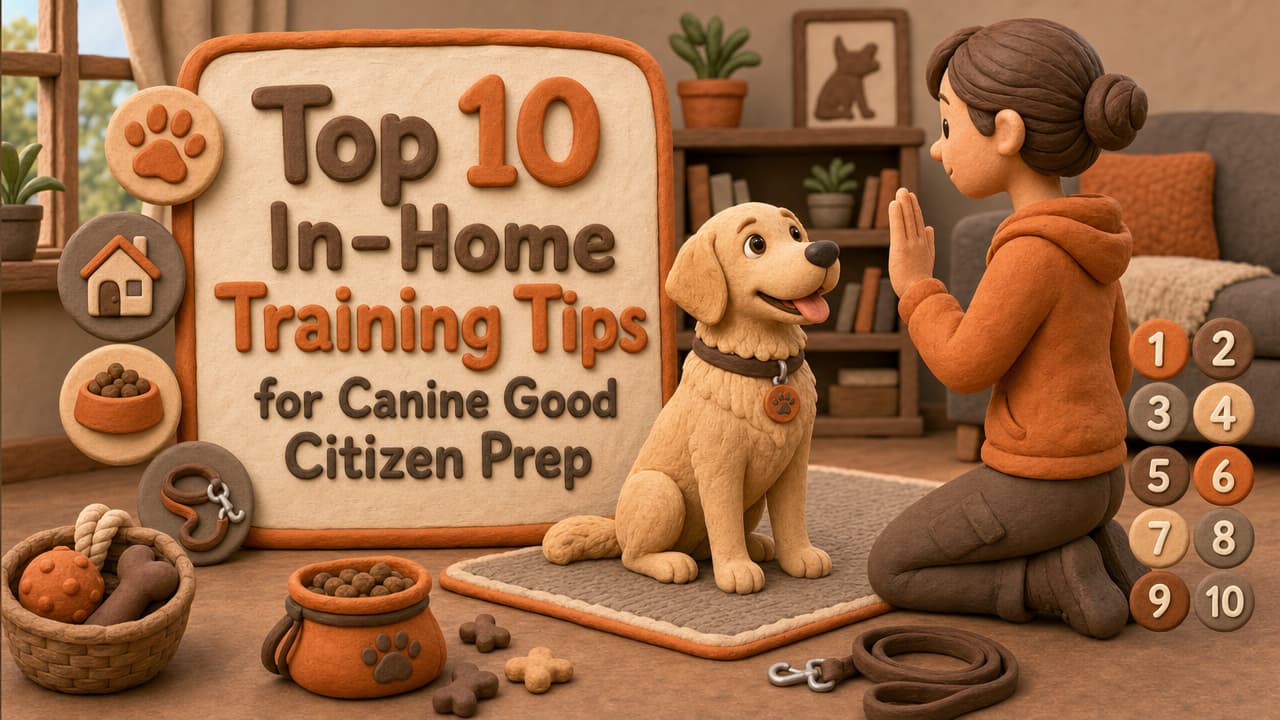 A woman trains a dog indoors beside a sign reading “Top 10 In-Home Training Tips for Canine Good Citizen Prep” with various dog items around them.