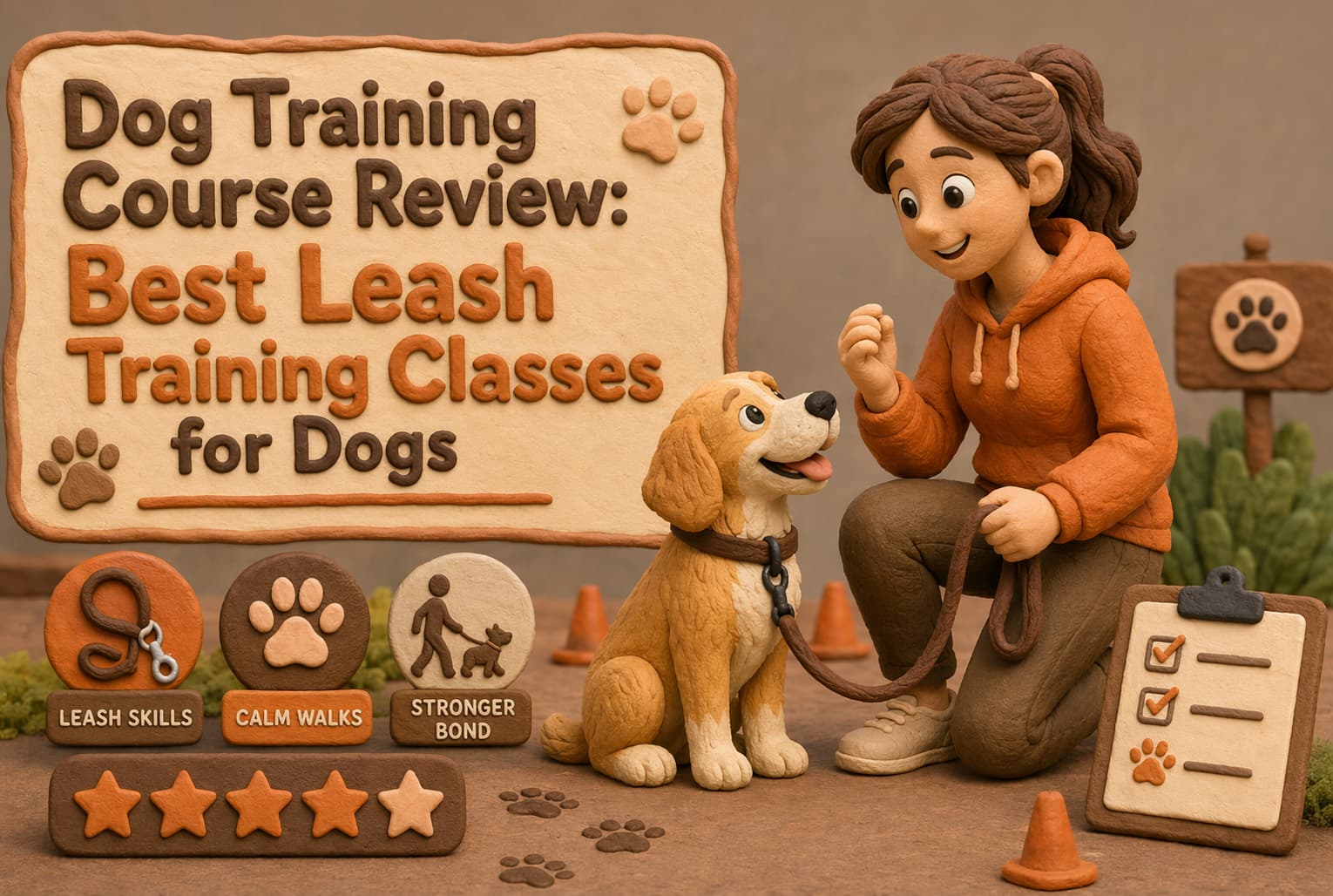 A woman trains a dog next to a sign reading “Best Leash Training Classes for Dogs,” with icons for leash skills, calm walks, stronger bond, and a five-star rating.