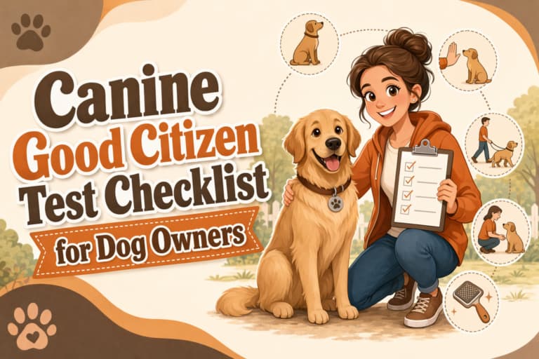 A woman kneels beside a dog, holding a checklist. Illustrations show dog training activities. Text reads: “Canine Good Citizen Test Checklist for Dog Owners.”.