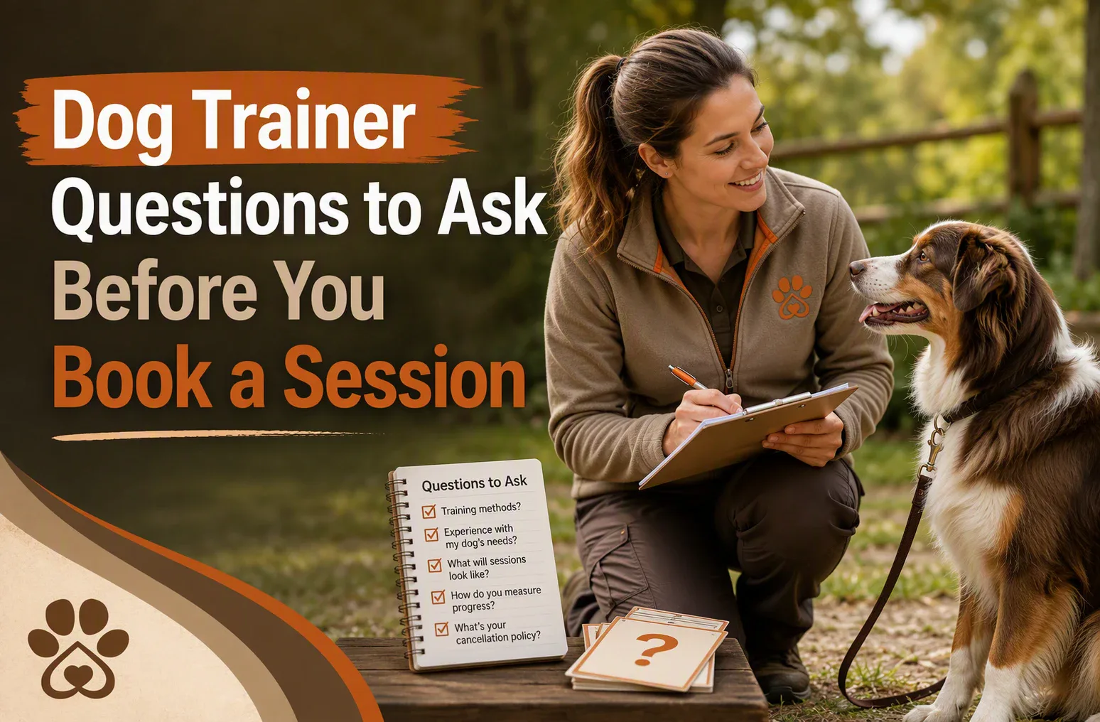 A woman in a dog trainer uniform kneels outdoors, smiling at a sitting dog, with a notepad and a list of questions about booking a dog training session visible beside them.