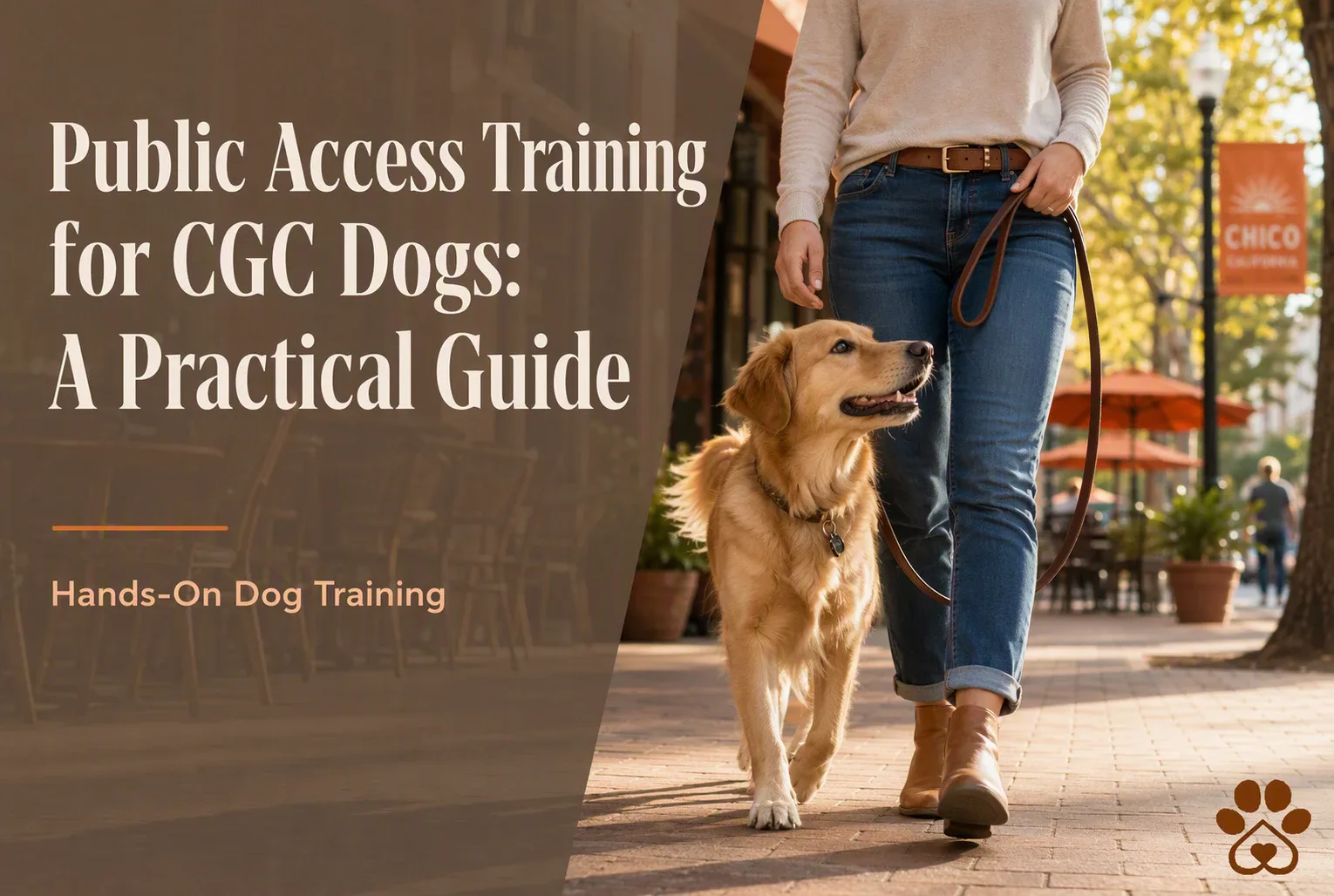 Person walking a leashed golden retriever on a brick sidewalk; text reads “Public Access Training for CGC Dogs: A Practical Guide” and “Hands-On Dog Training.”.